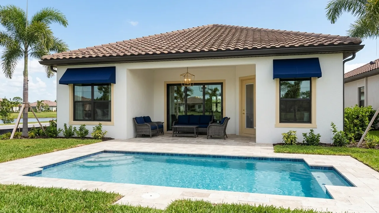 A brand-new furnished model home with a covered lanai and pool in a new Estero Florida community, fresh landscaping and young palms