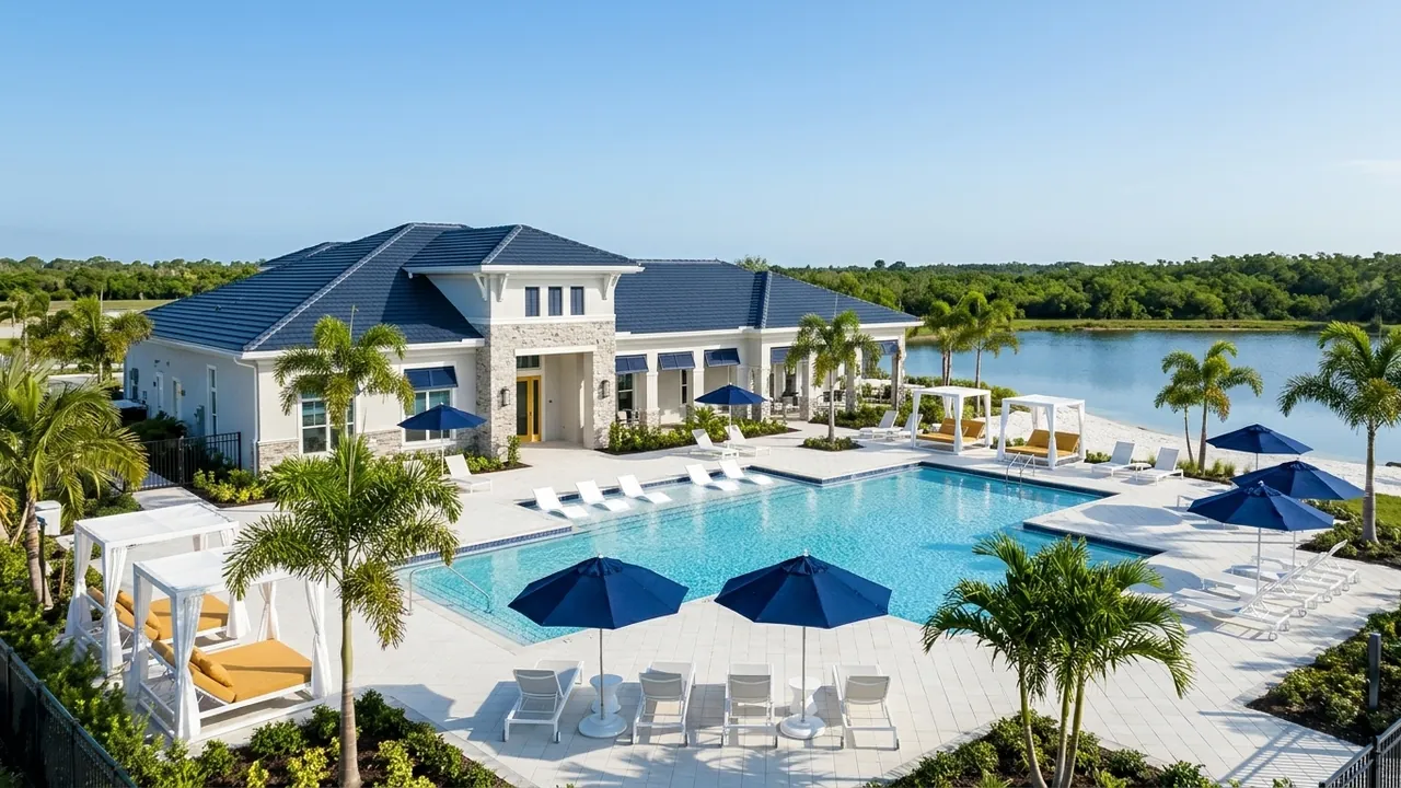 A newly built community clubhouse with a resort pool and young palms in a master-planned community east of Naples in Southwest Florida