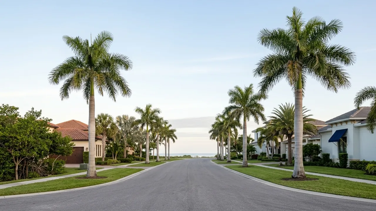 A palm-lined two-lane road in Southwest Florida leading west toward the coast under a wide sky, no vehicles, no signs, early morning