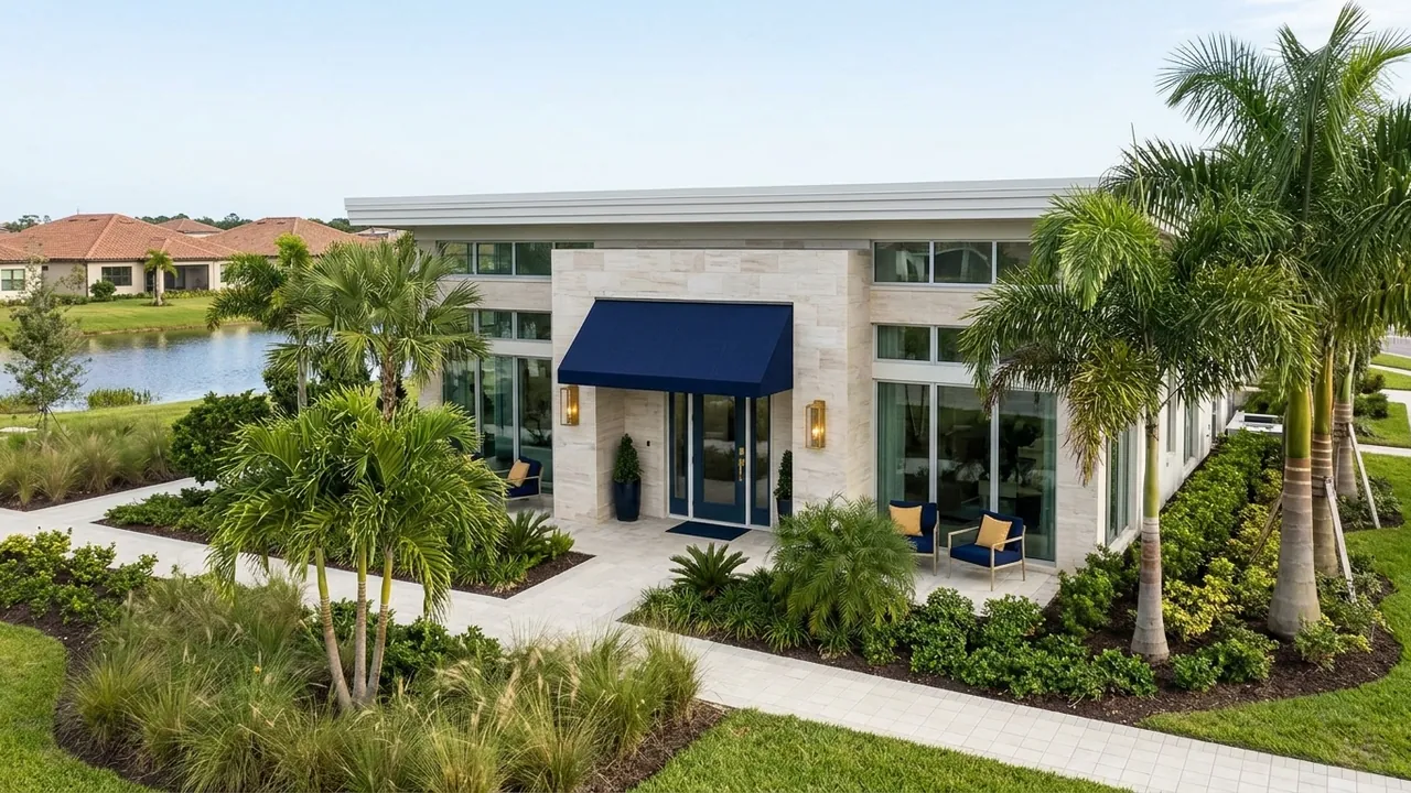A modern new-home sales center exterior with a covered entry, landscaping and young palms in a new Southwest Florida community, no signage, no people