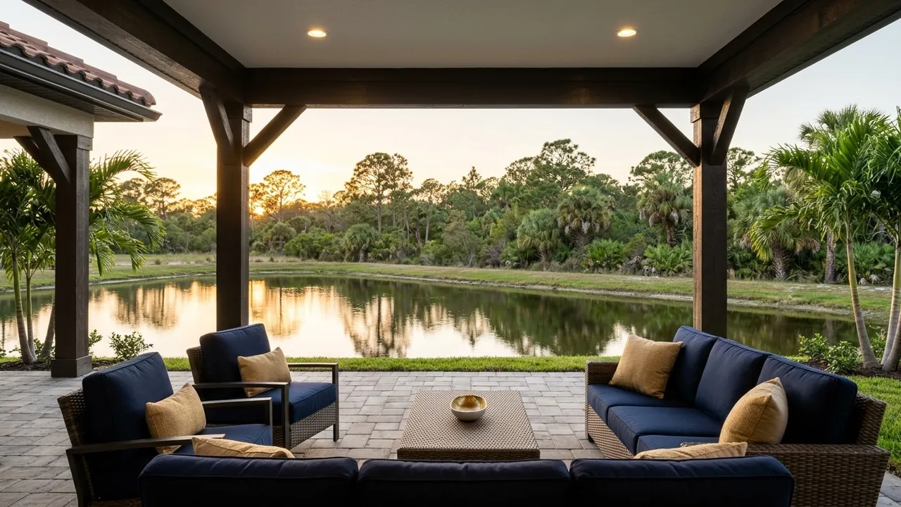 A new home's back lanai looking out over a pond and a natural preserve of pines and saw palmetto in Southwest Florida, soft evening light