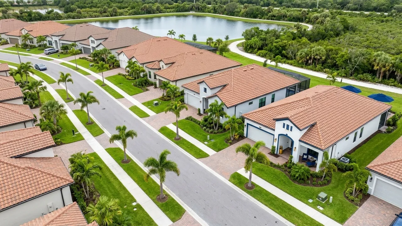 A street of newly built single-family homes and attached villas with tile roofs, sod lawns and young palms in a new Southwest Florida community