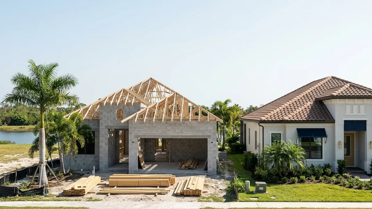 A new home under construction with block walls and roof trusses beside a completed home next door in a Southwest Florida community, clear day